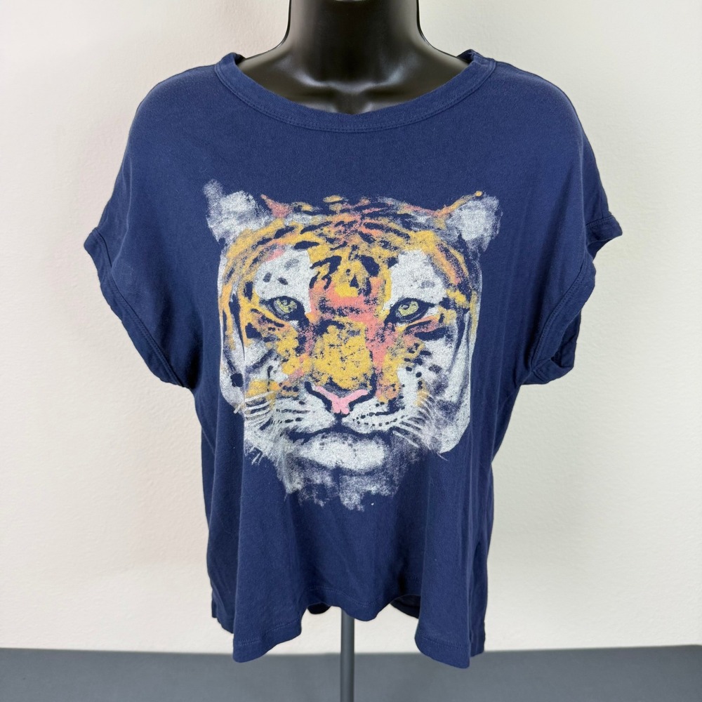 Chaser Graphic Tee Womens M Navy Tiger Face Print Cotton Short Sleeve Casual